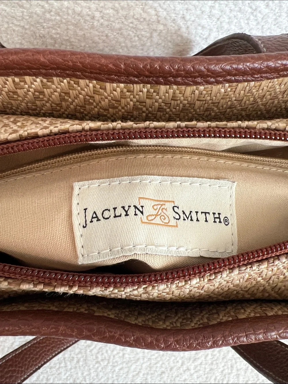 Jaclyn Smith Woven Straw Shoulder Bag with Brown Leather Trim
